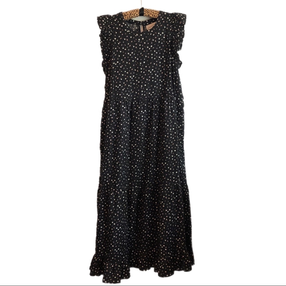 Universal Thread Black Calico Tiered Dress with Ruffle Cap Sleeves